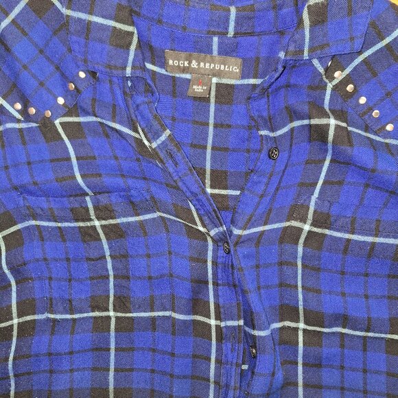 Rock & Republic Ombre Extra-Long Plaid Long Sleeve Button-up Top - Picture 3 of 7
